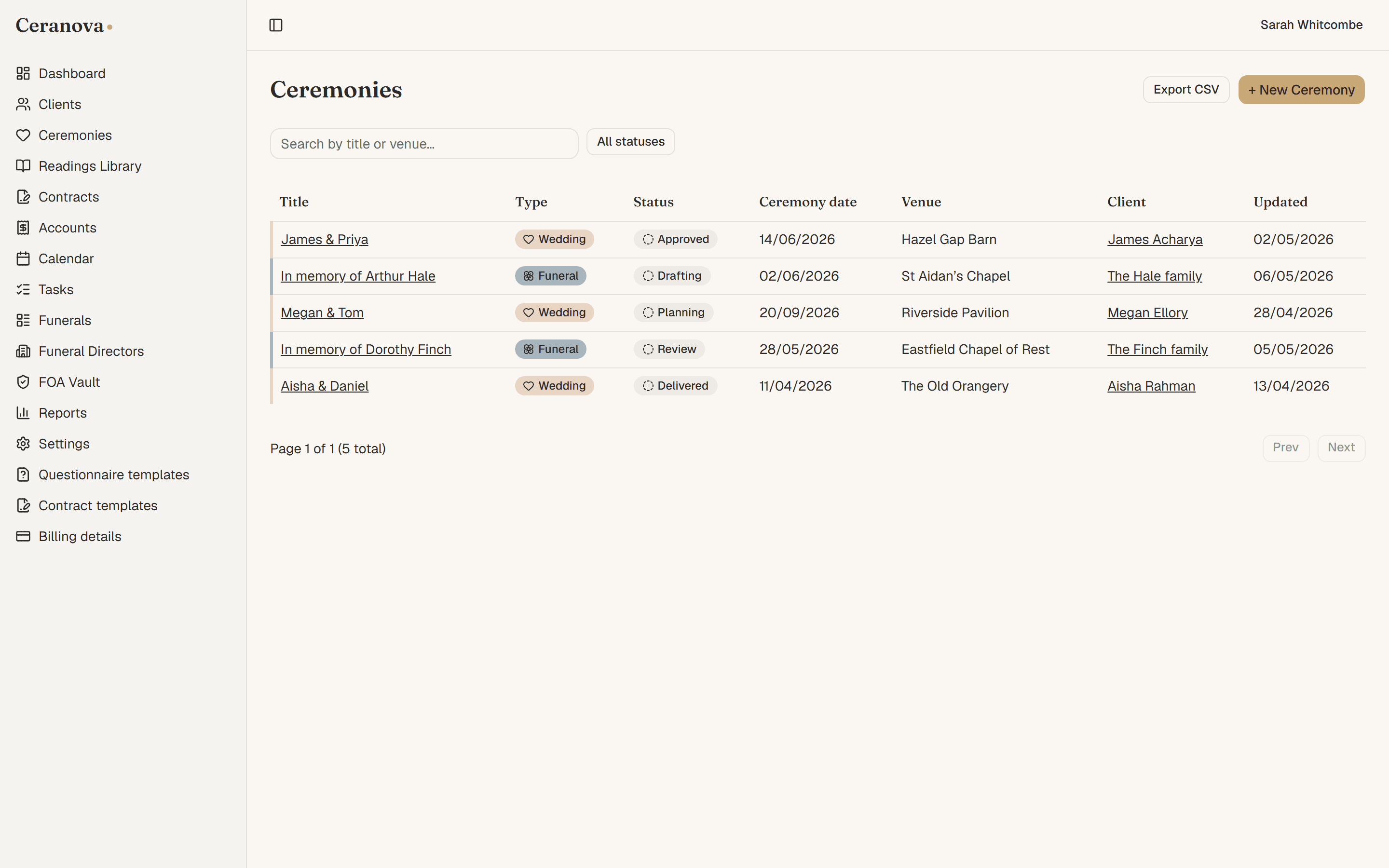 The Ceranova ceremonies hub showing a mix of upcoming weddings and funerals together in one organised list.